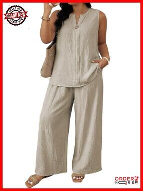 Plus Size 2 Piece Sets Sleeveless V Neck Top Wide Leg Pants Lounge Set